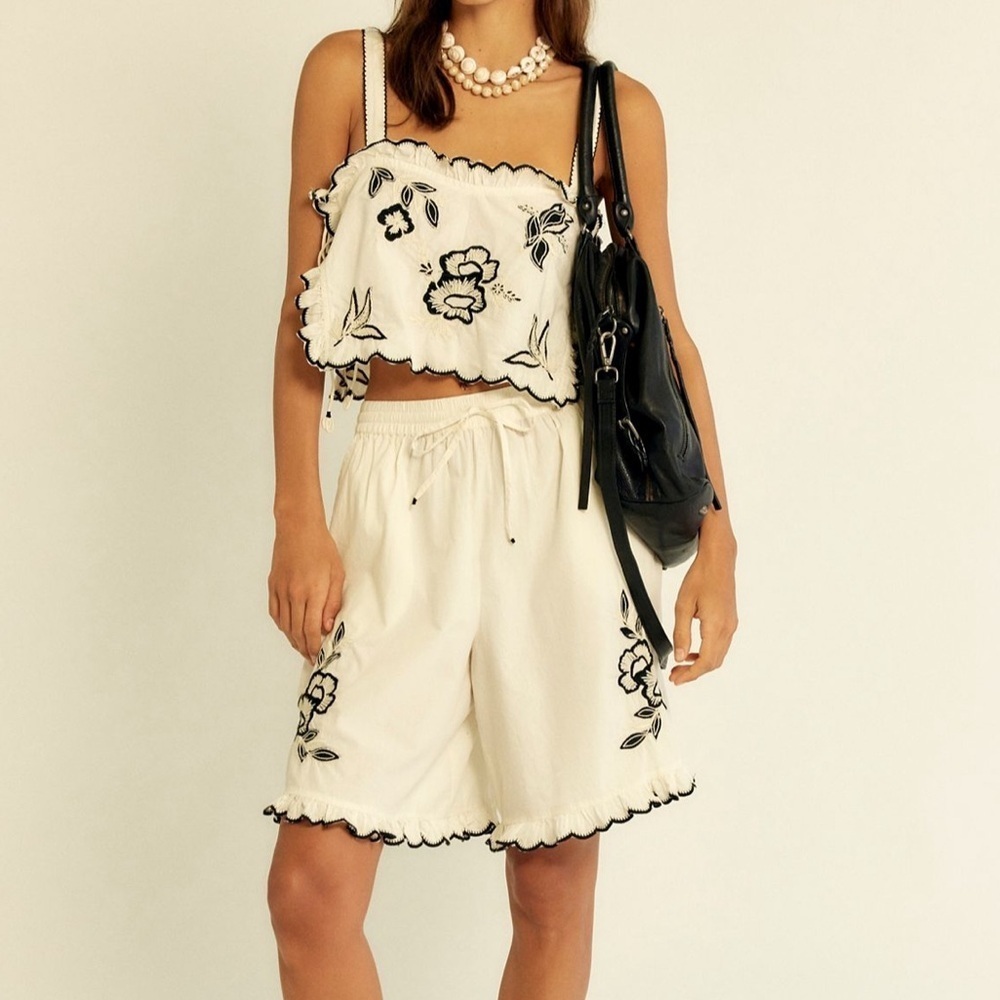 Free People Cream Embroidered Ruffle Drawstring Shorts